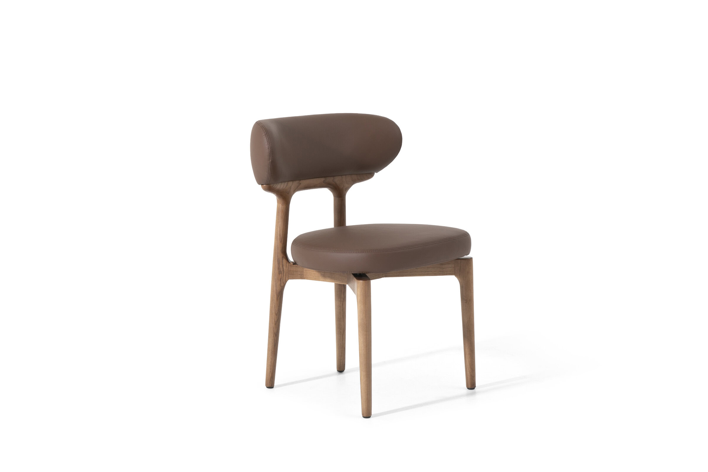 Elegant modern wooden chair with brown leather cushion and backrest, ideal for stylish home or office decor, showcasing high-quality craftsmanship and ergonomic design.