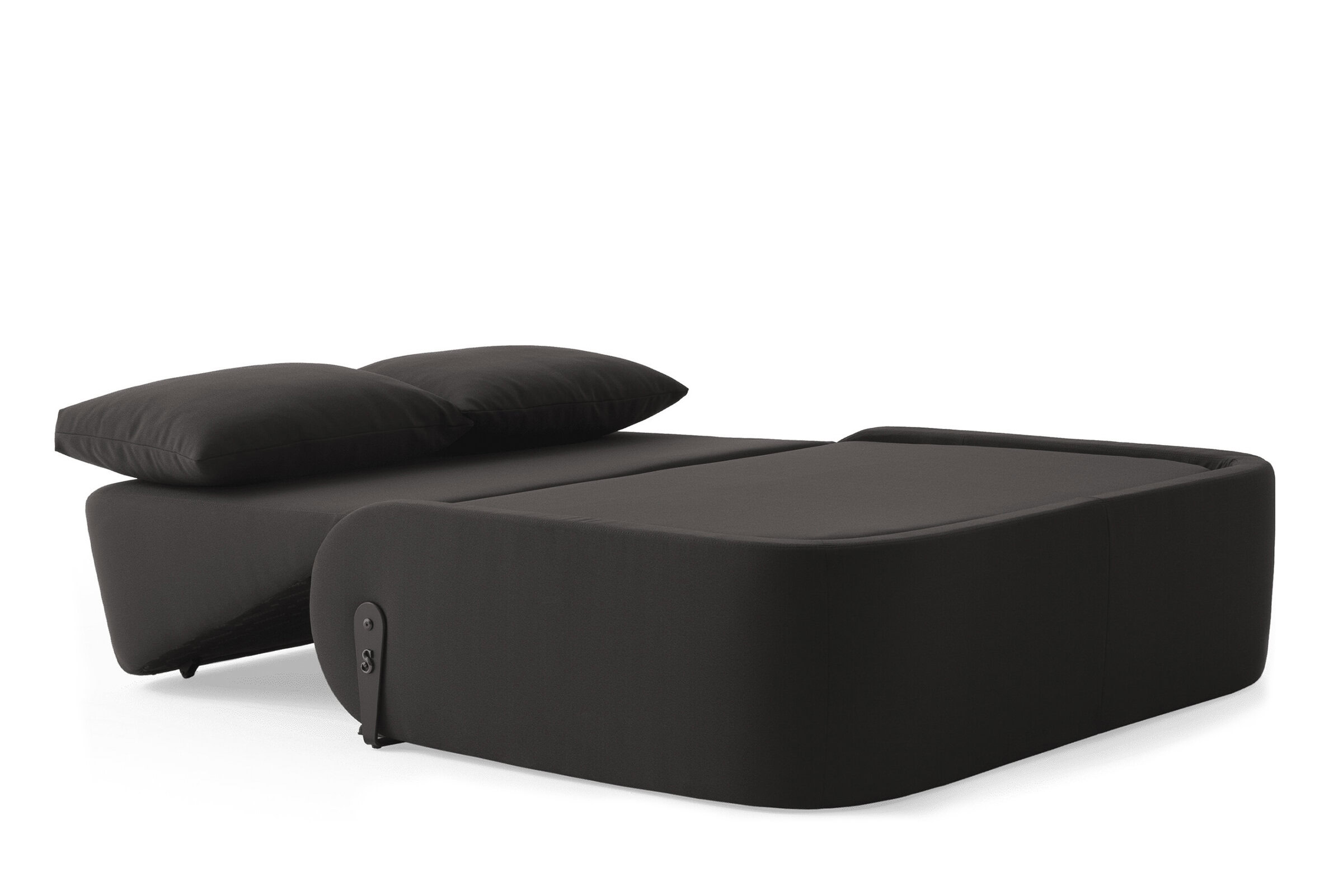 Dark gray modern sofa bed with plush black pillows, versatile for contemporary living spaces, offering comfort and stylish design, ideal for space-saving furniture solutions.