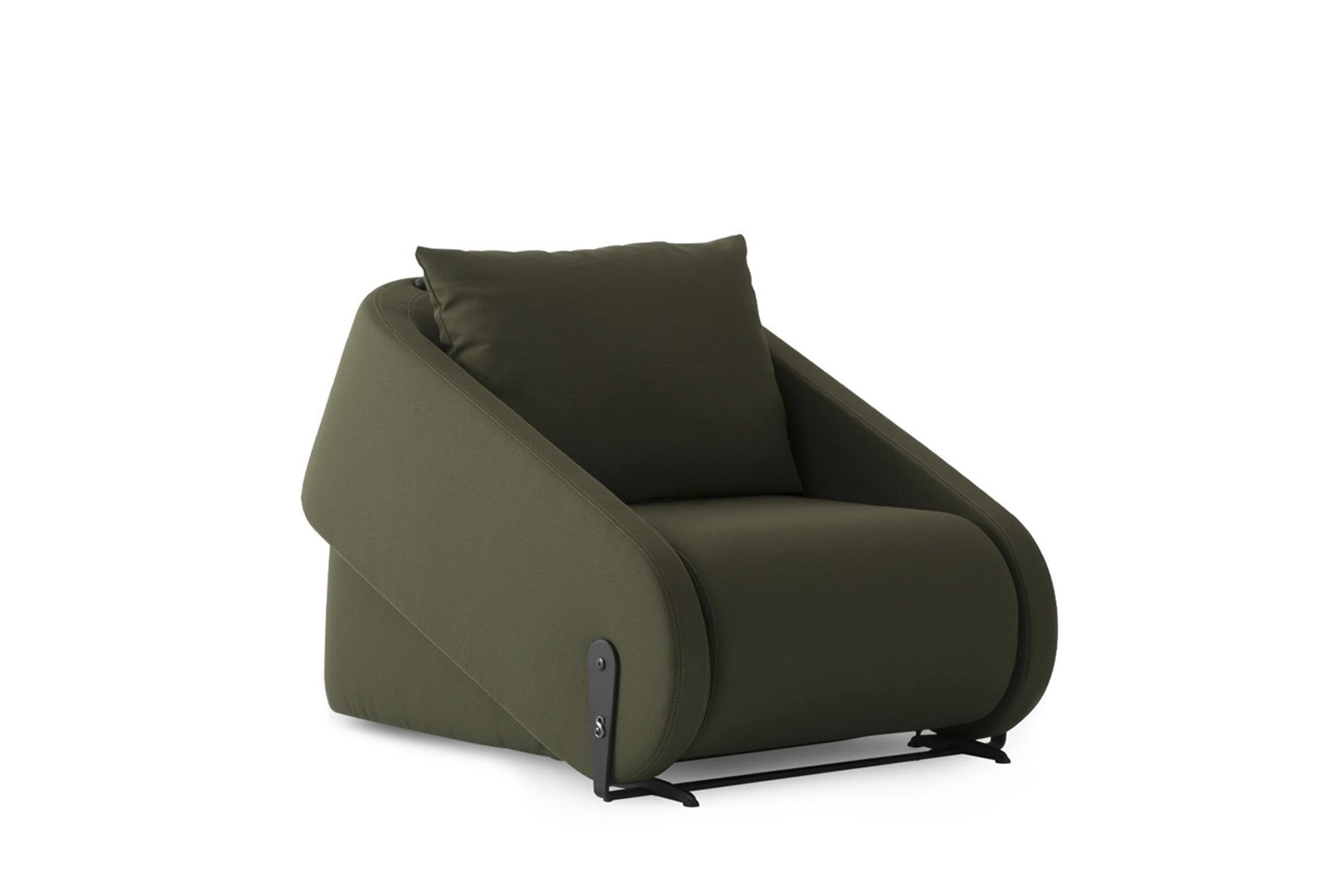 Stylish green armchair with a modern design, comfortable cushion, and sleek metal accents, perfect for contemporary living room or lounge spaces.