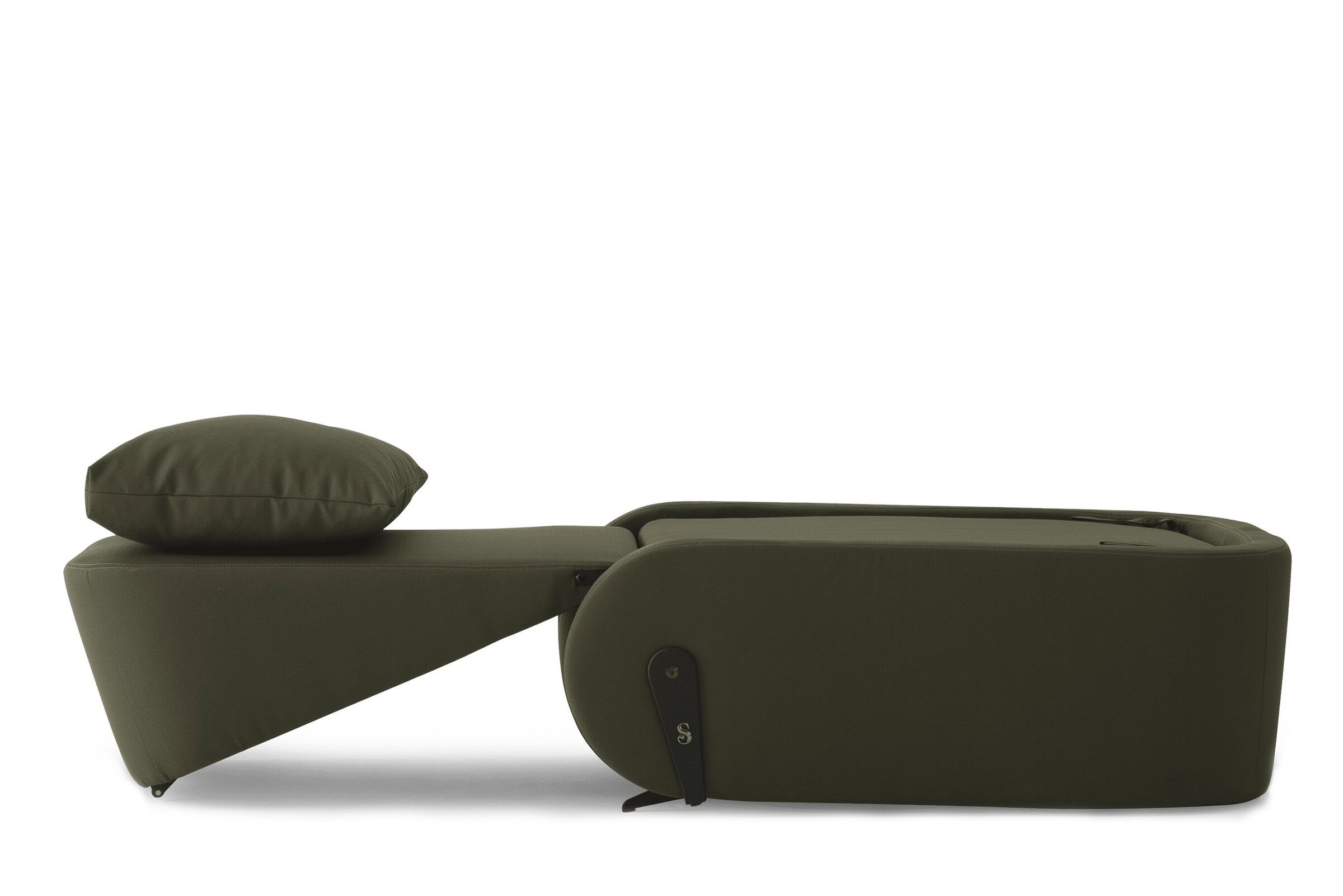 Modern olive green recliner chair with adjustable footrest and plush pillow, perfect for comfortable living room seating. Customizable design and high-quality upholstery for stylish home decor.