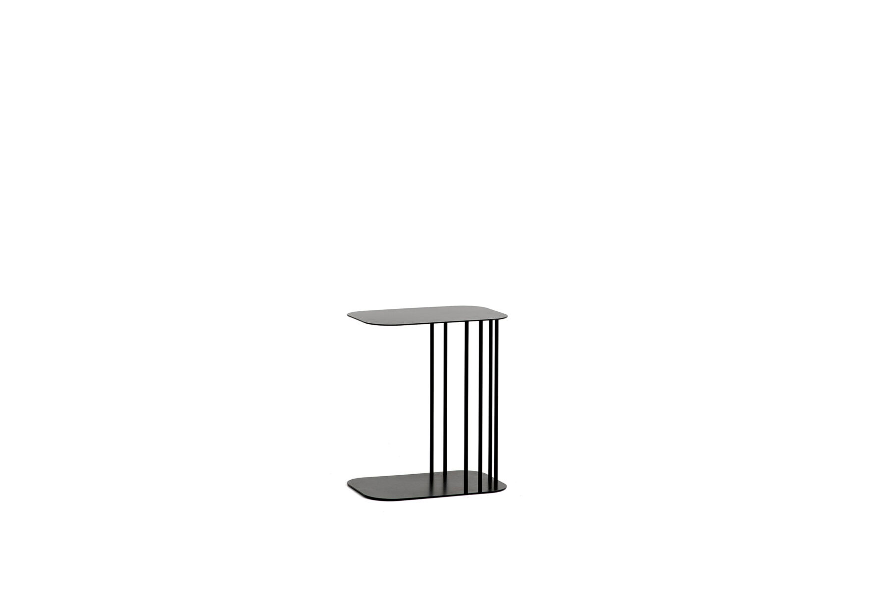 Contemporary black side table with sleek design, ideal for living room or bedroom decor, featuring a minimalist style with a sturdy top and open shelving.