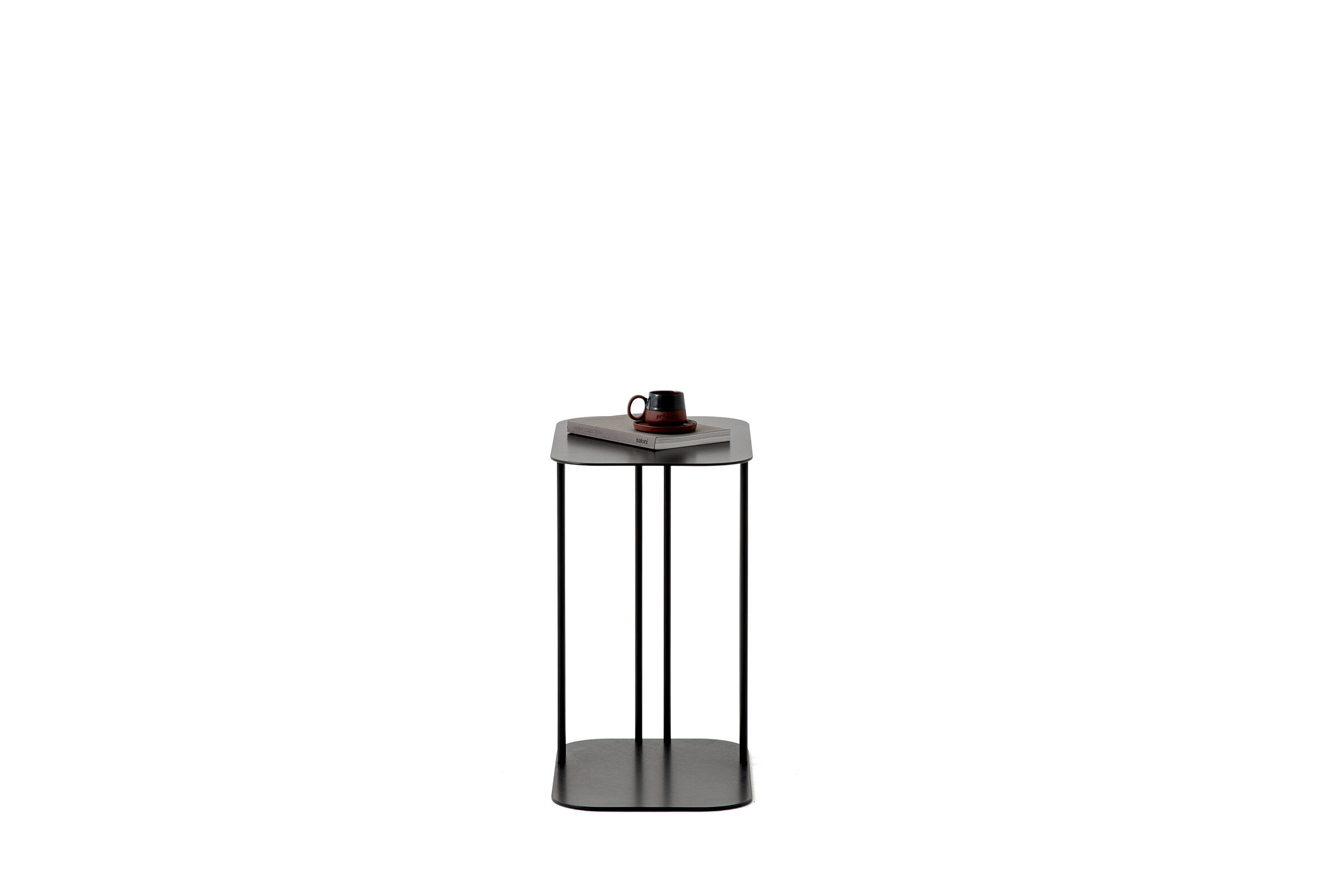 Sleek modern side table with black metal frame and wooden top, ideal for contemporary living spaces.