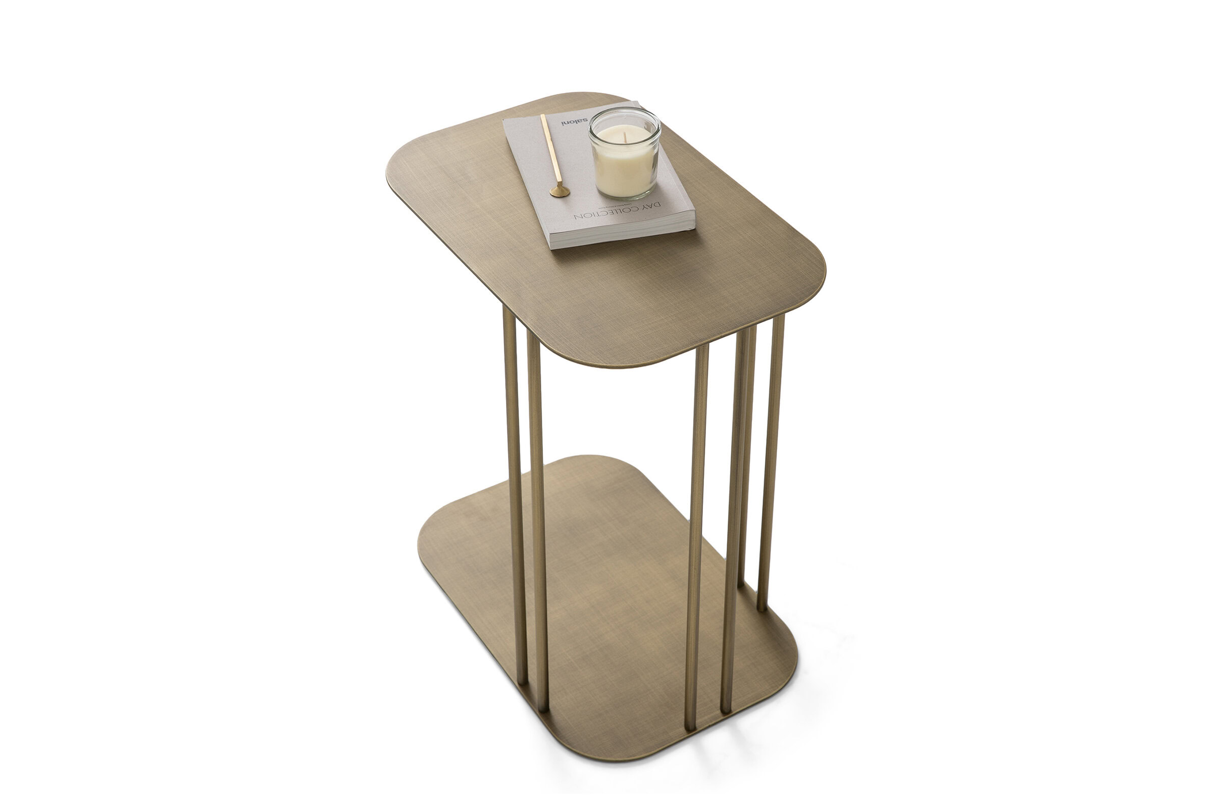 Elegant wooden side table with gold metal legs, ideal for living rooms or bedrooms, showcasing contemporary design and craftsmanship.