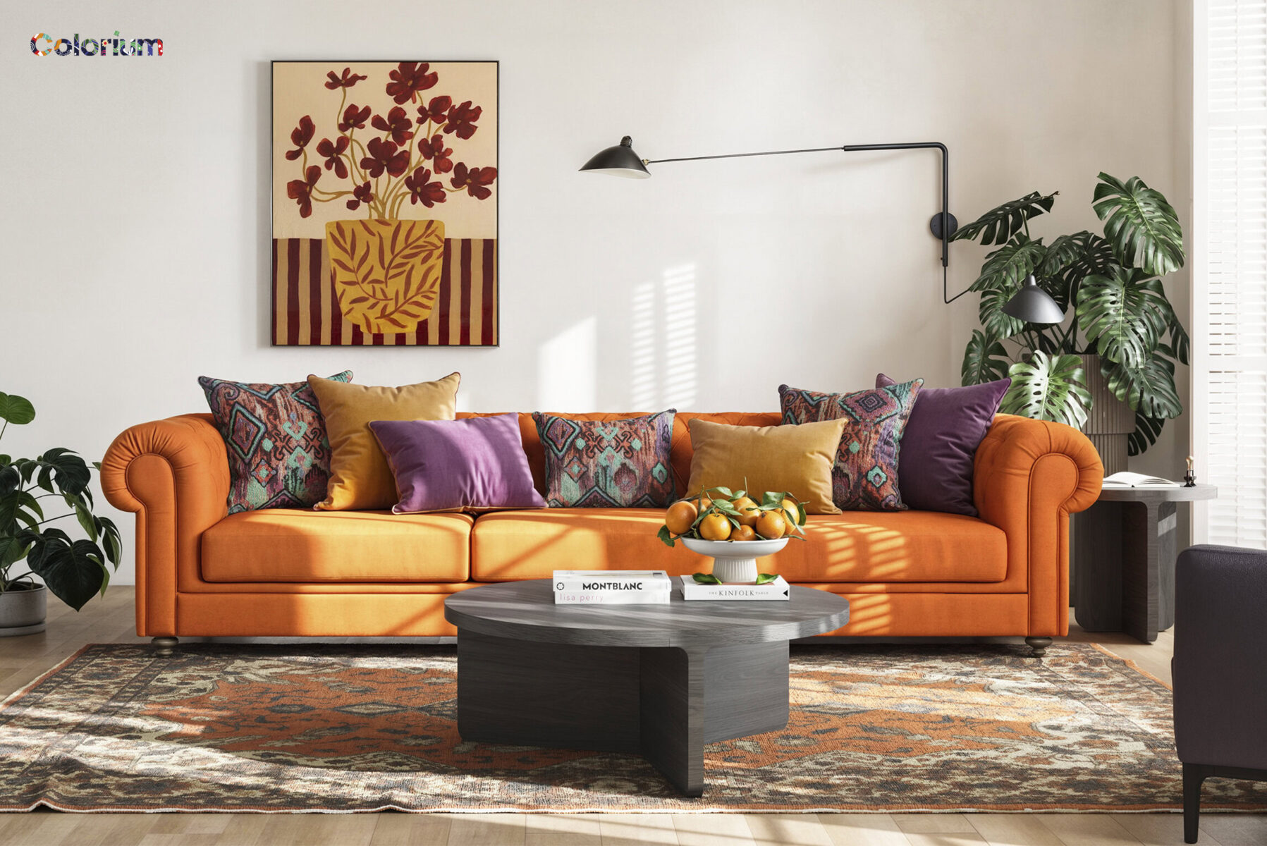 A stylish orange sofa adorned with vibrant cushions in purple, yellow, and patterned designs, set in a contemporary living room with artwork, a black coffee table, and lush green plants.