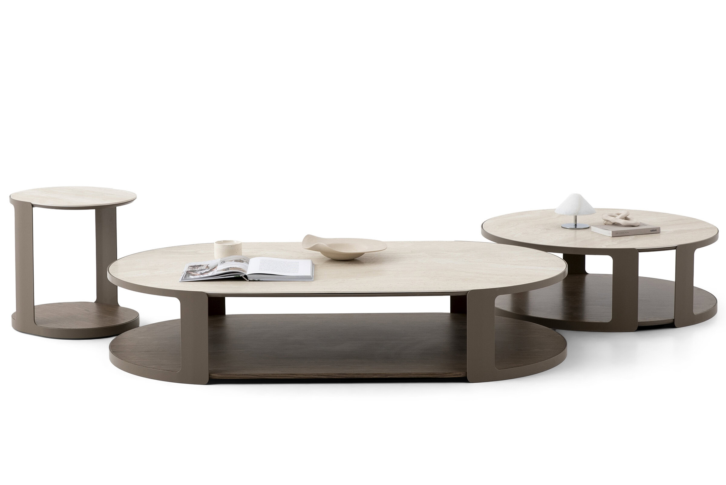 Set of three modern wooden coffee tables in light and dark wood finishes, minimalist design, suitable for living room decor.