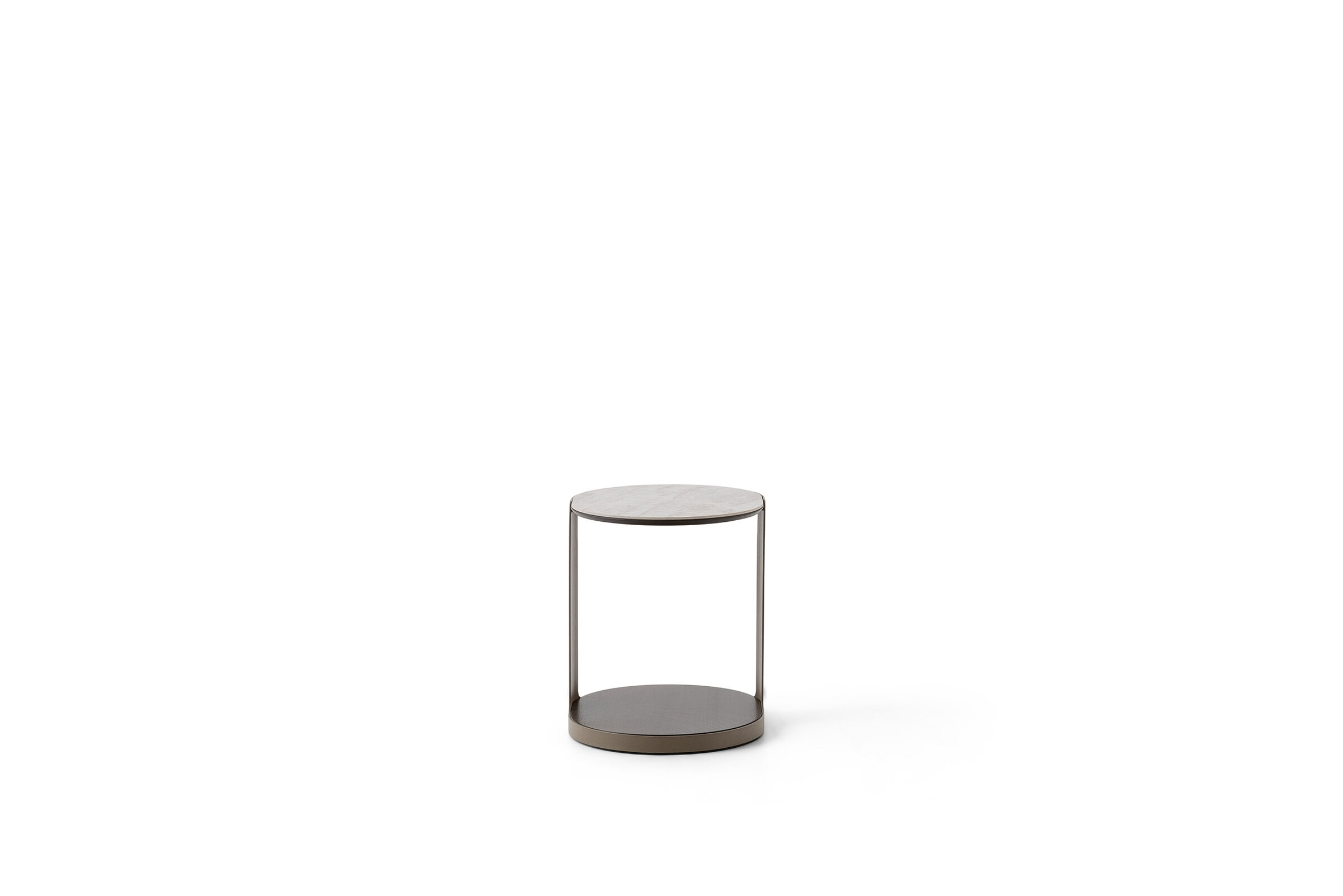 Elegant round side table with a minimalist design, featuring a metal frame and a wooden top, perfect for contemporary living spaces.