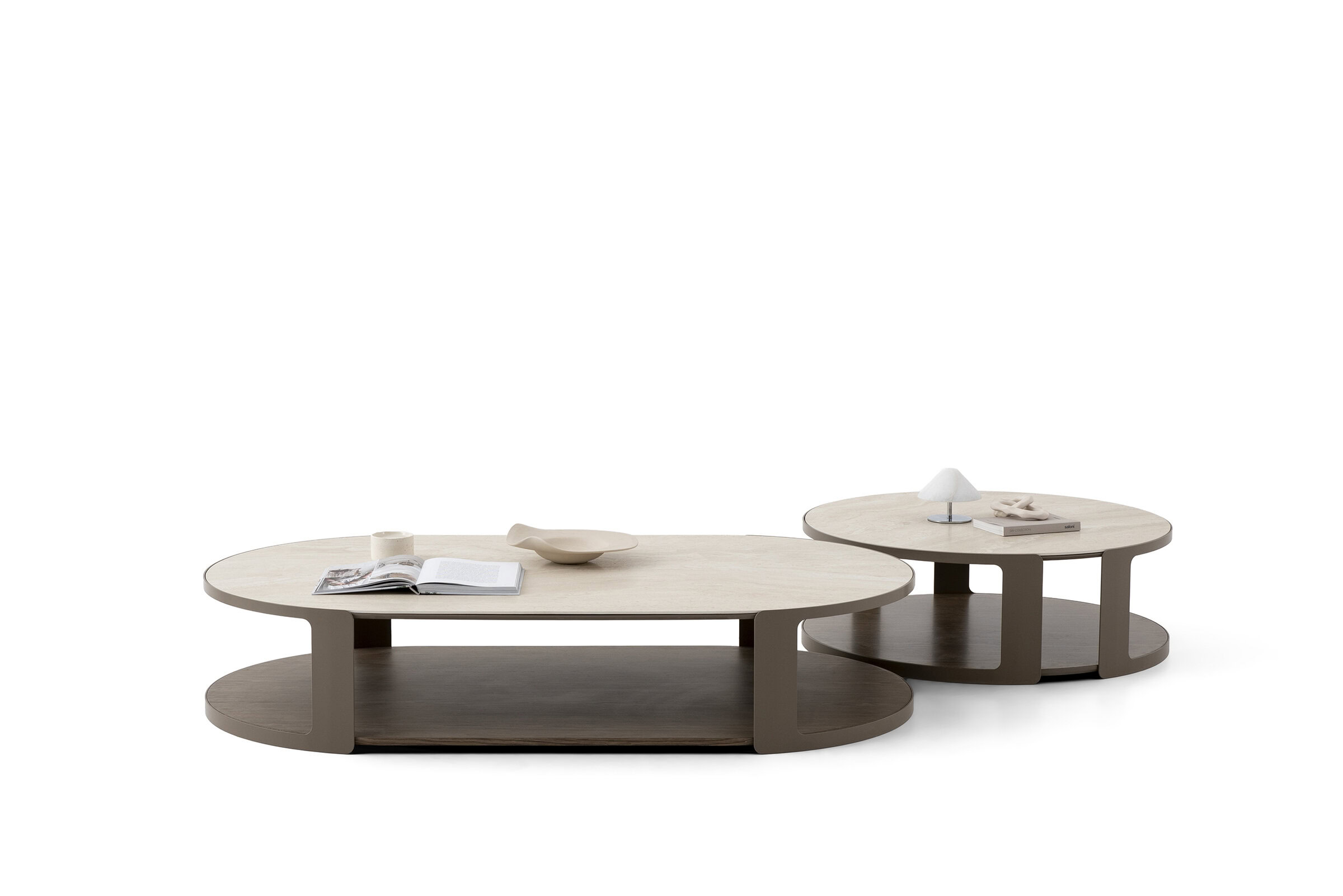 Set of two modern wooden coffee tables with oval shapes and open shelf design, ideal for contemporary living rooms.
