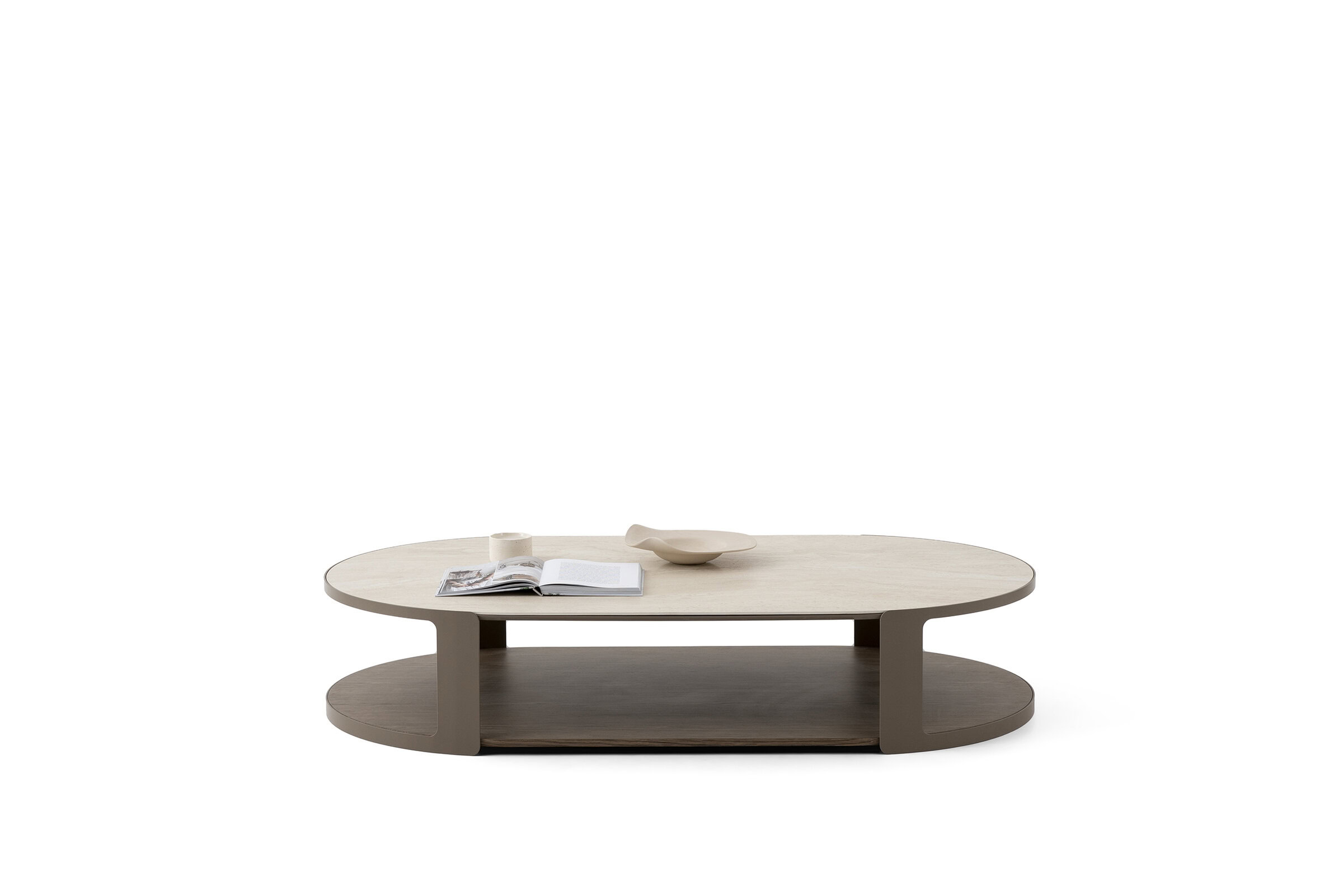 Elegant modern coffee table by Saloni Furniture with a sleek oval shape, light wood finish, and open shelf for storage, perfect for contemporary living rooms.