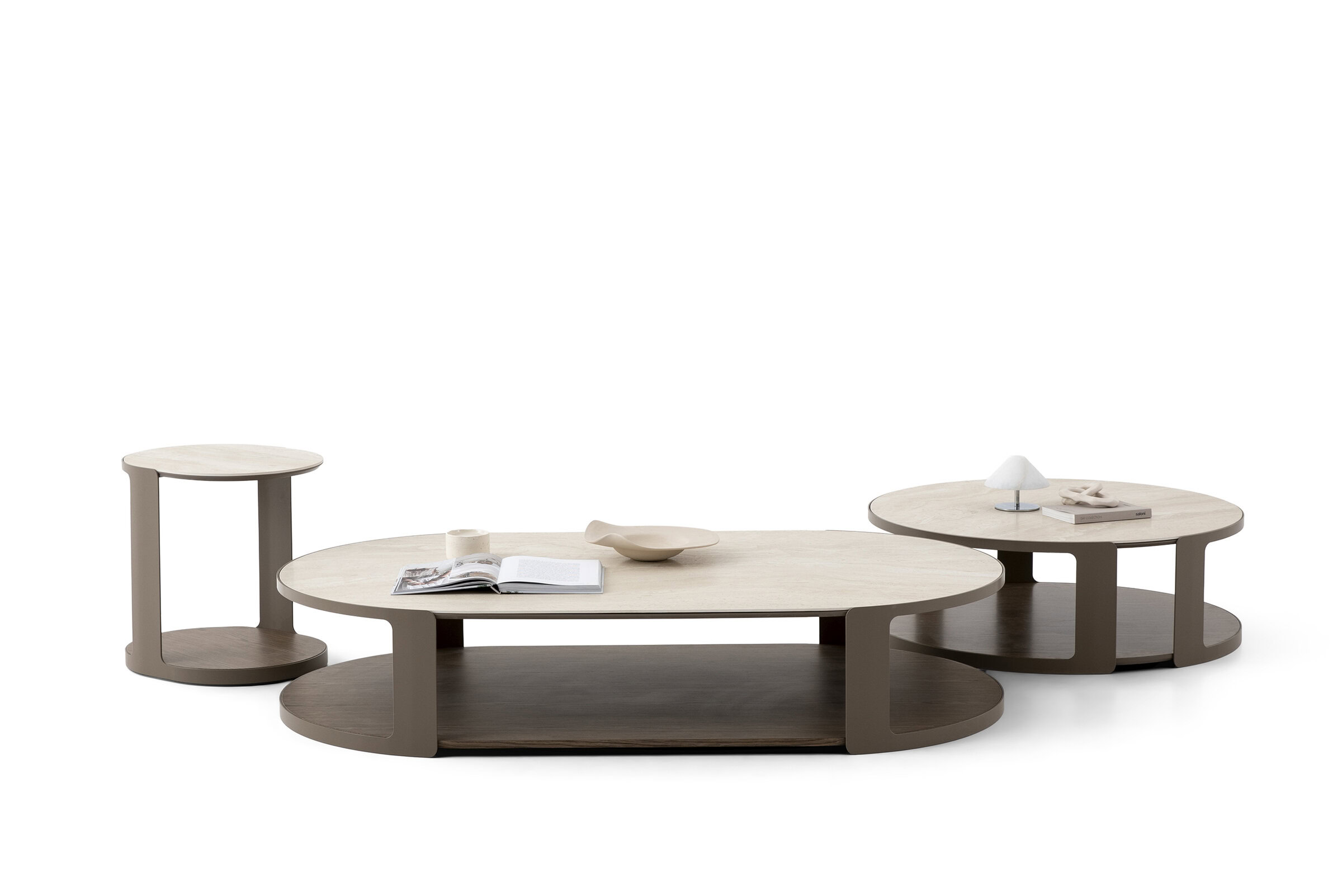 Contemporary coffee table set with three interconnected tables in neutral tones, ideal for modern living rooms.