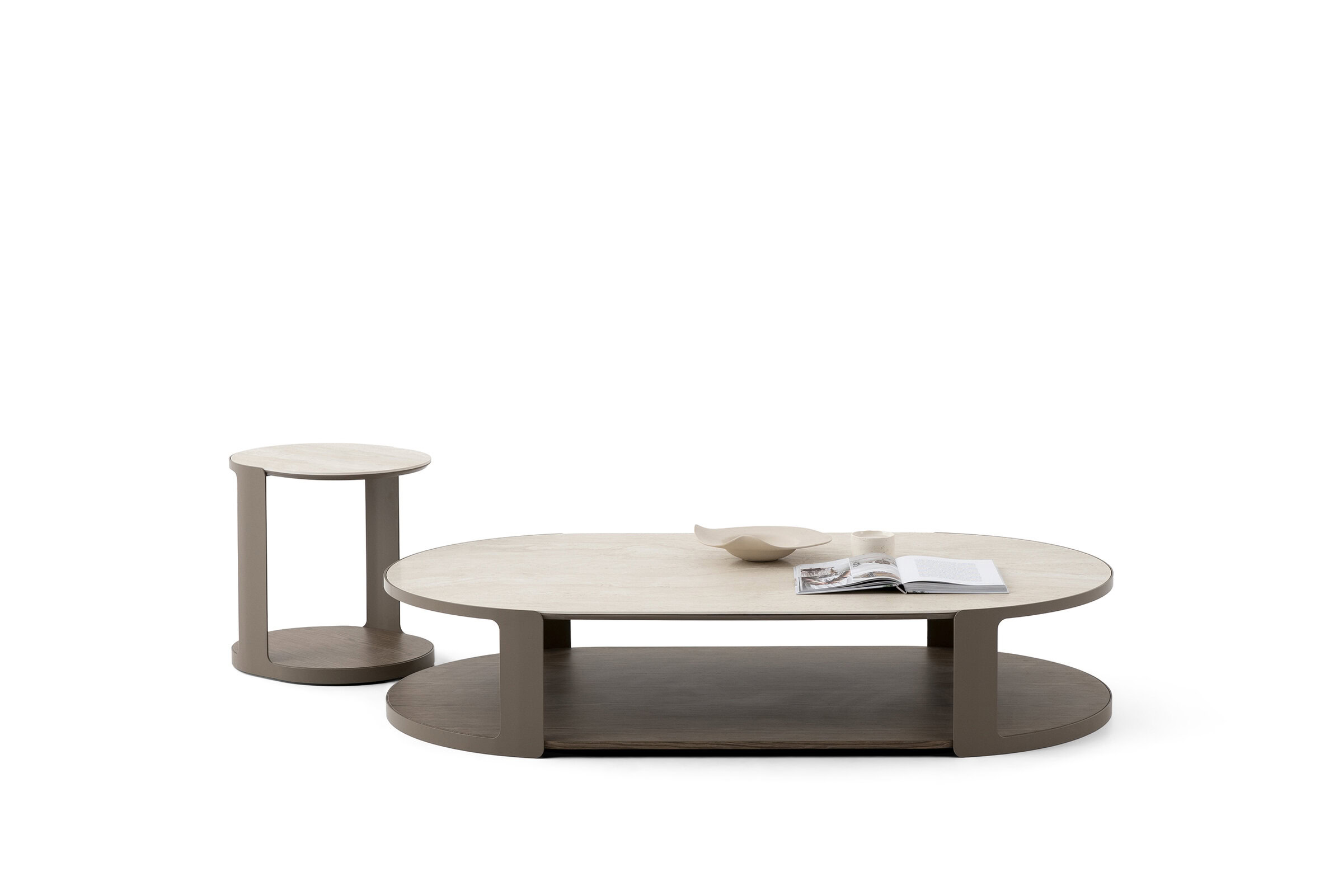 Contemporary wooden coffee table set with a matching side table, featuring a minimalist design and neutral tones, ideal for modern living rooms.