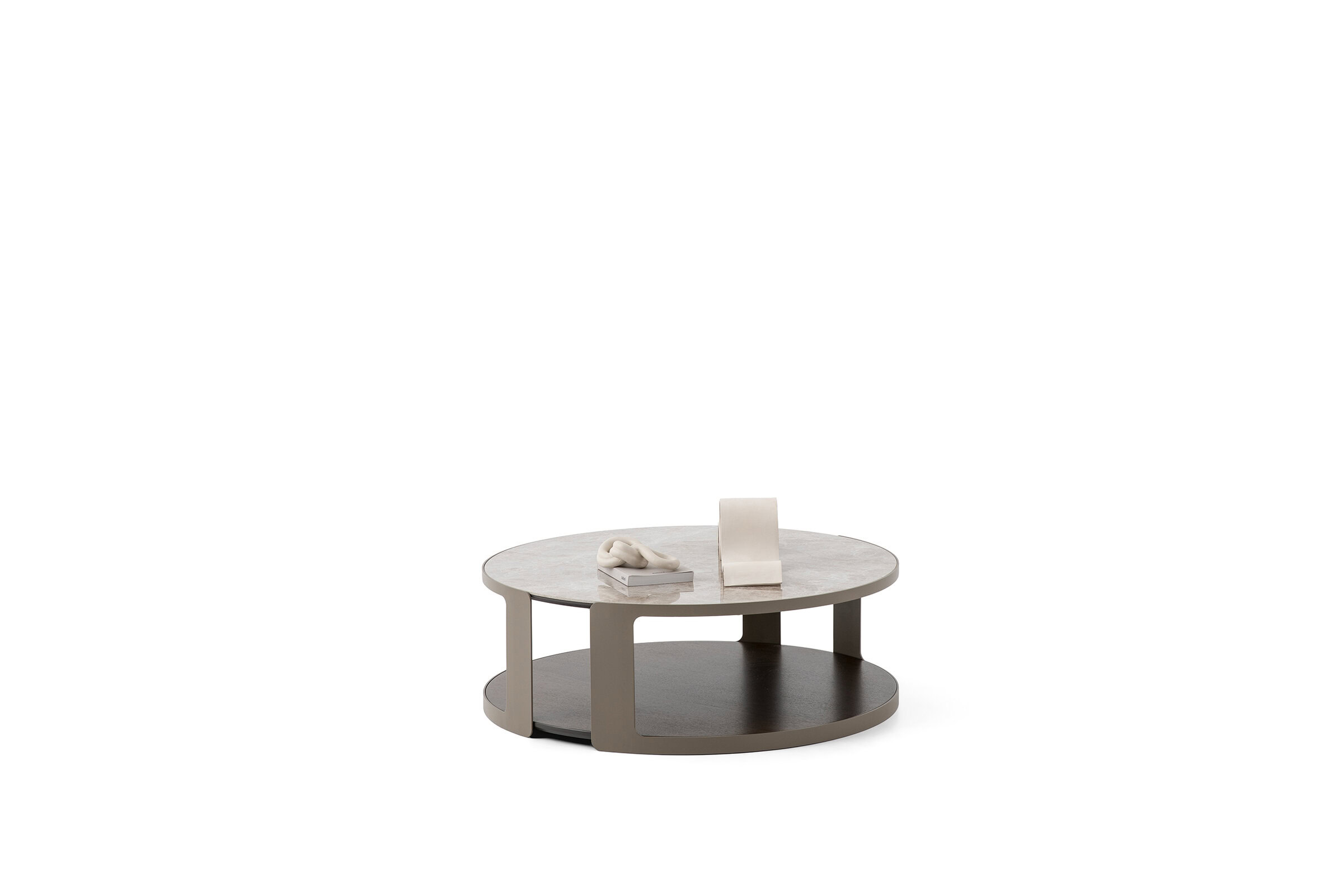 Contemporary round coffee table with a two-tone finish, featuring a marble top and open lower shelf, ideal for modern living rooms.