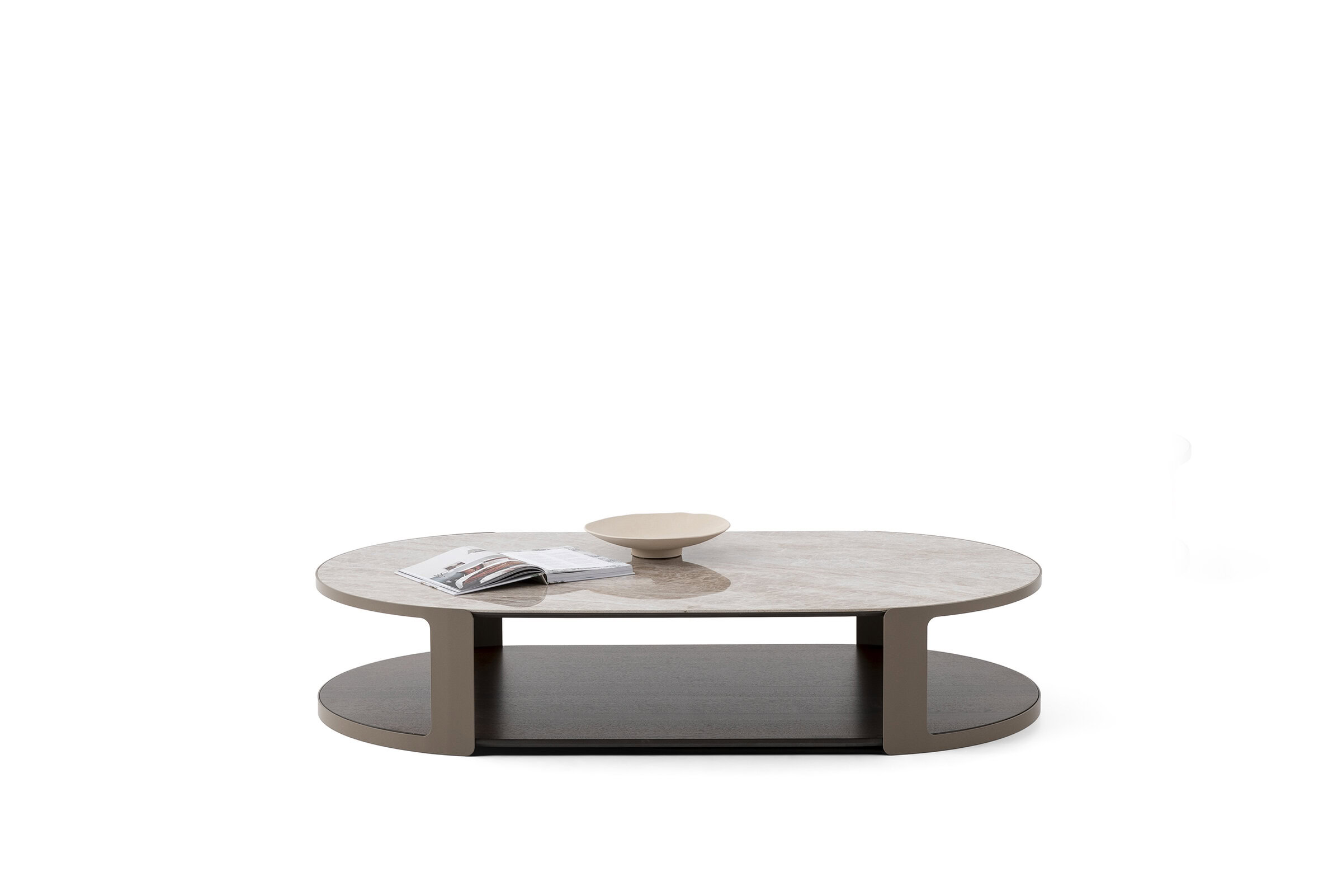 Elegant modern marble coffee table with oval shape and wooden base, ideal for contemporary living room decor.