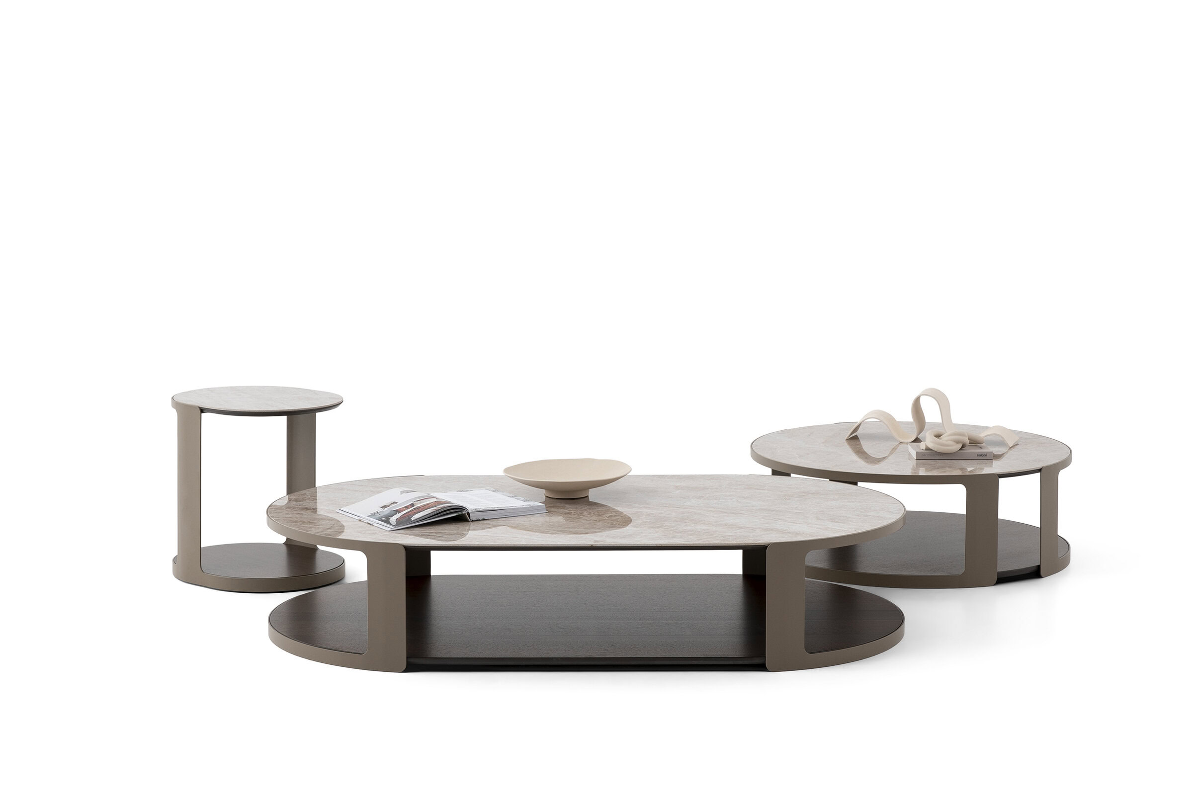 Contemporary multi-level coffee table with a marble top and wooden base, ideal for modern living rooms and stylish interior decor.