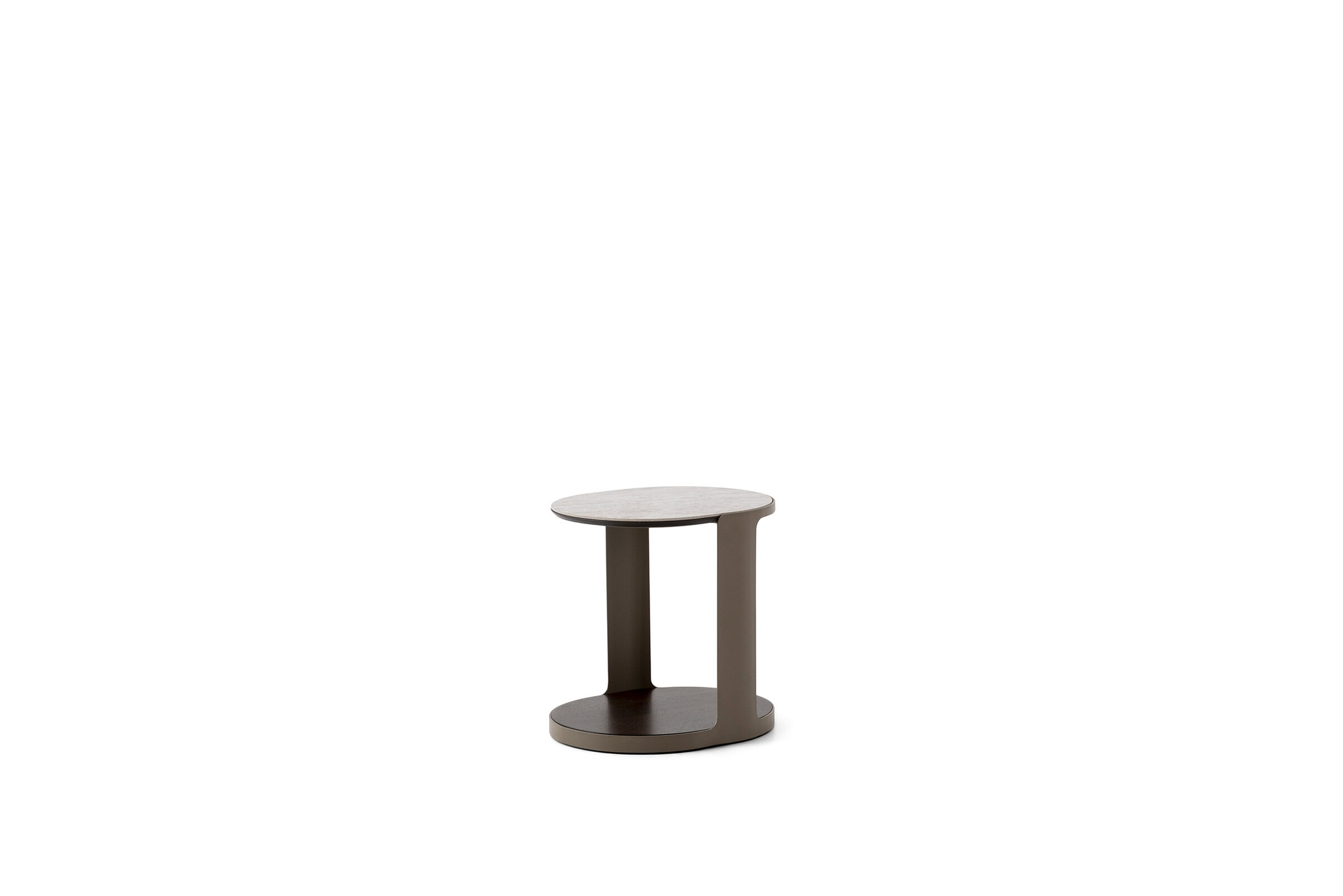 Elegant modern side table from Saloni Furniture with a round white top and dark brown base, perfect for contemporary living spaces.