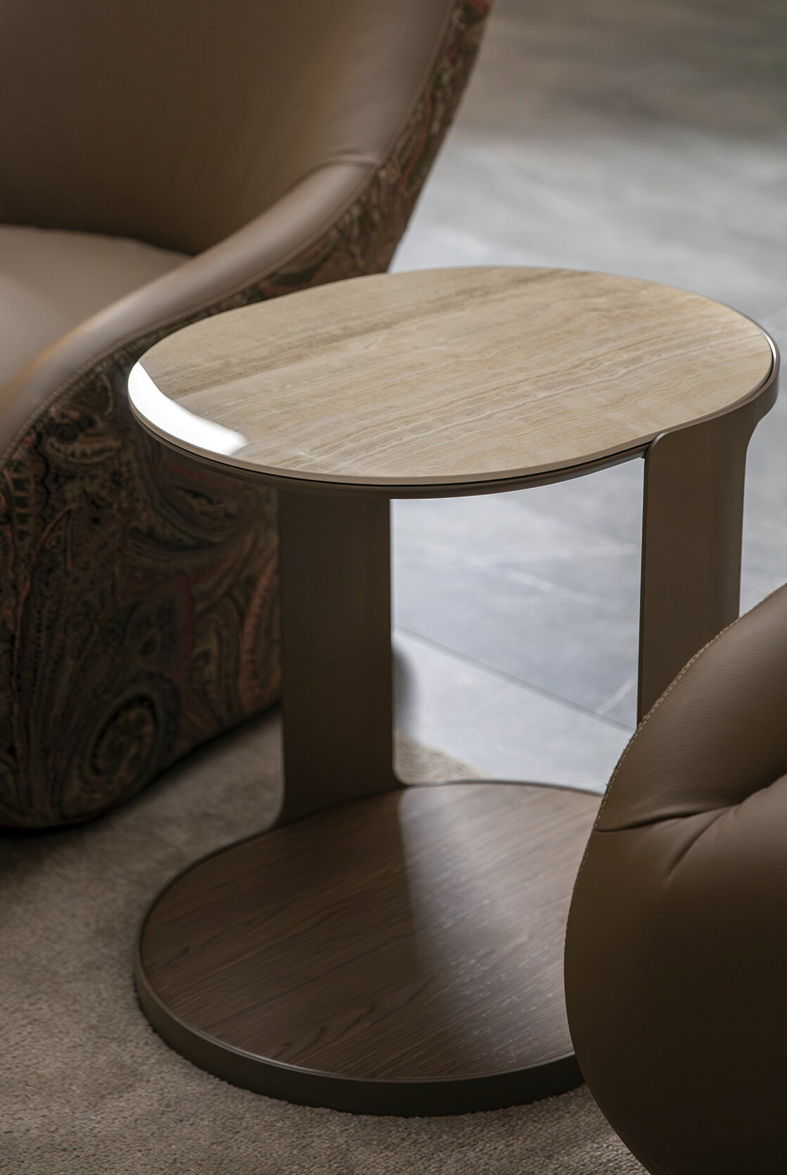 Elegant modern wooden side table with a rounded top and sleek design, perfect for contemporary living room decor.