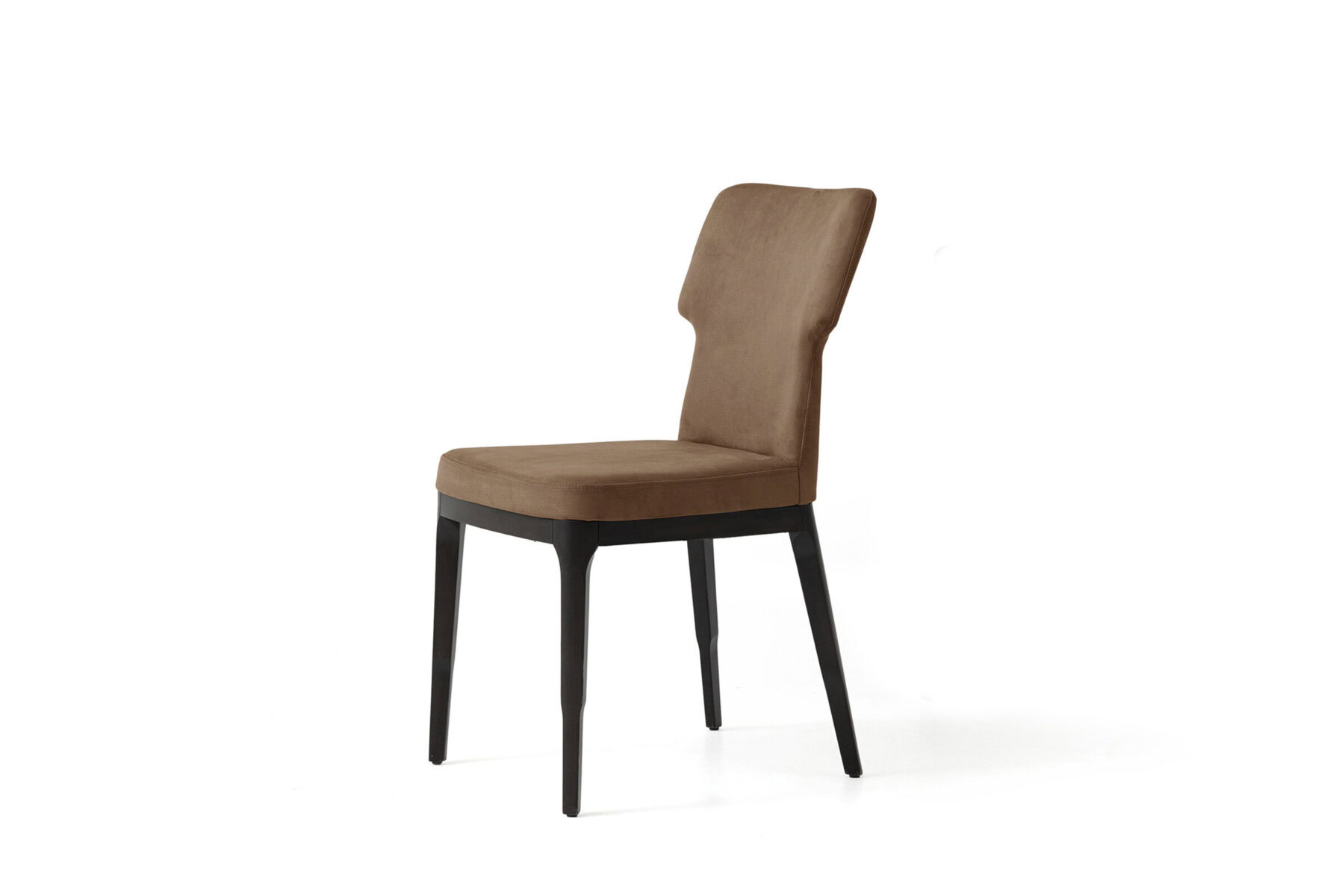 Stylish upholstered dining chair with a beige fabric seat and backrest, featuring black wooden legs, ideal for modern dining rooms and enhancing interior decor.