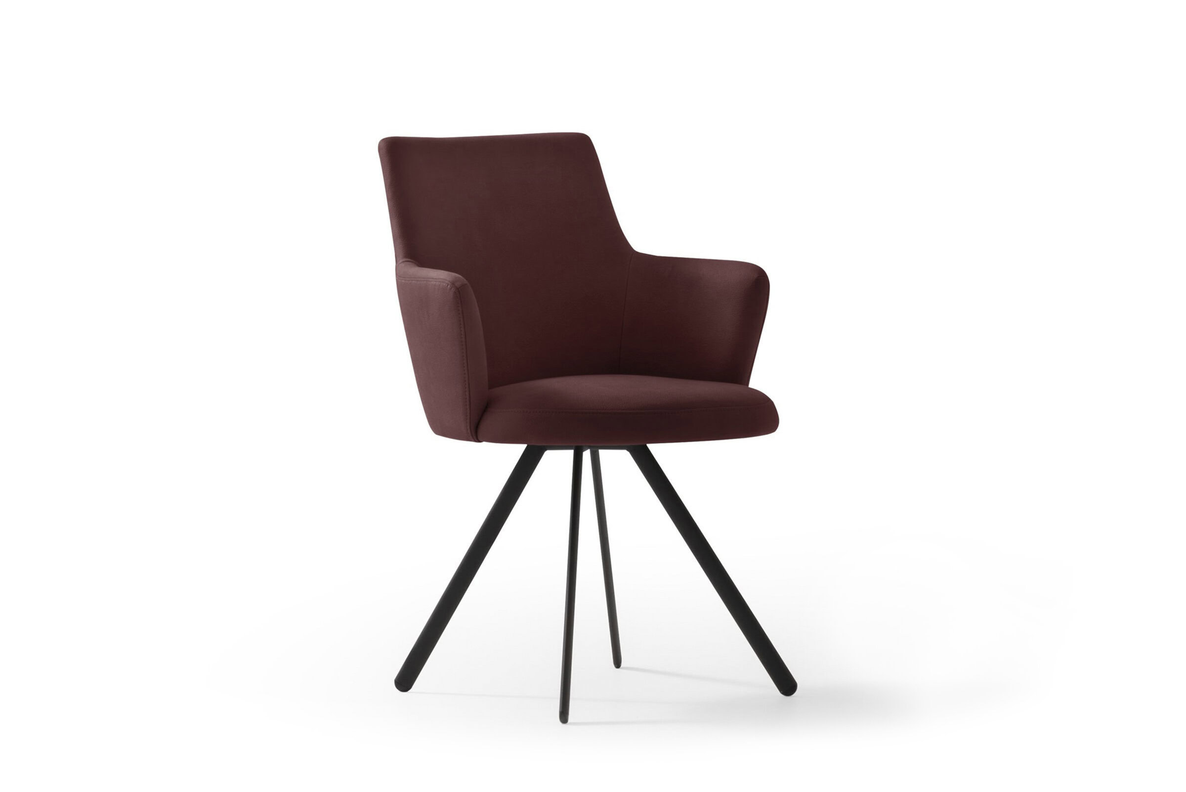 Contemporary burgundy upholstered armchair with sleek black angled wooden legs, perfect for modern living rooms or offices, combining style and comfort from Saloni Furniture.