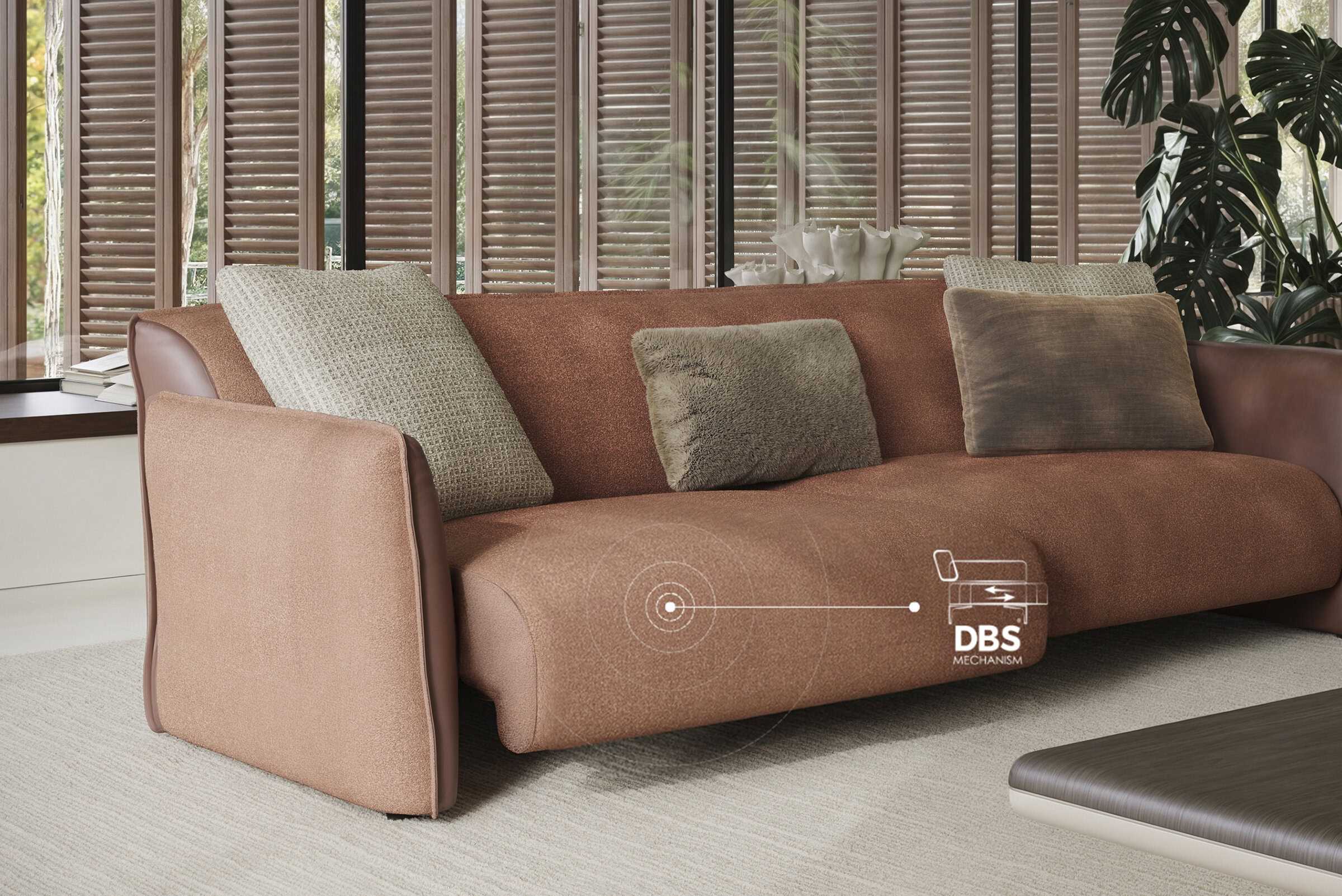 Comfortable modern sofa with plush cushions and DBs mechanism, ideal for stylish living rooms. Features high-quality upholstery and ergonomic design for relaxation.