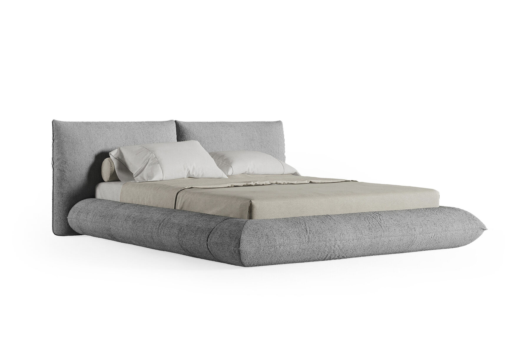 Luxurious modern grey fabric upholstered bed with a tall headboard and plush cushioning, perfect for contemporary bedroom decor.