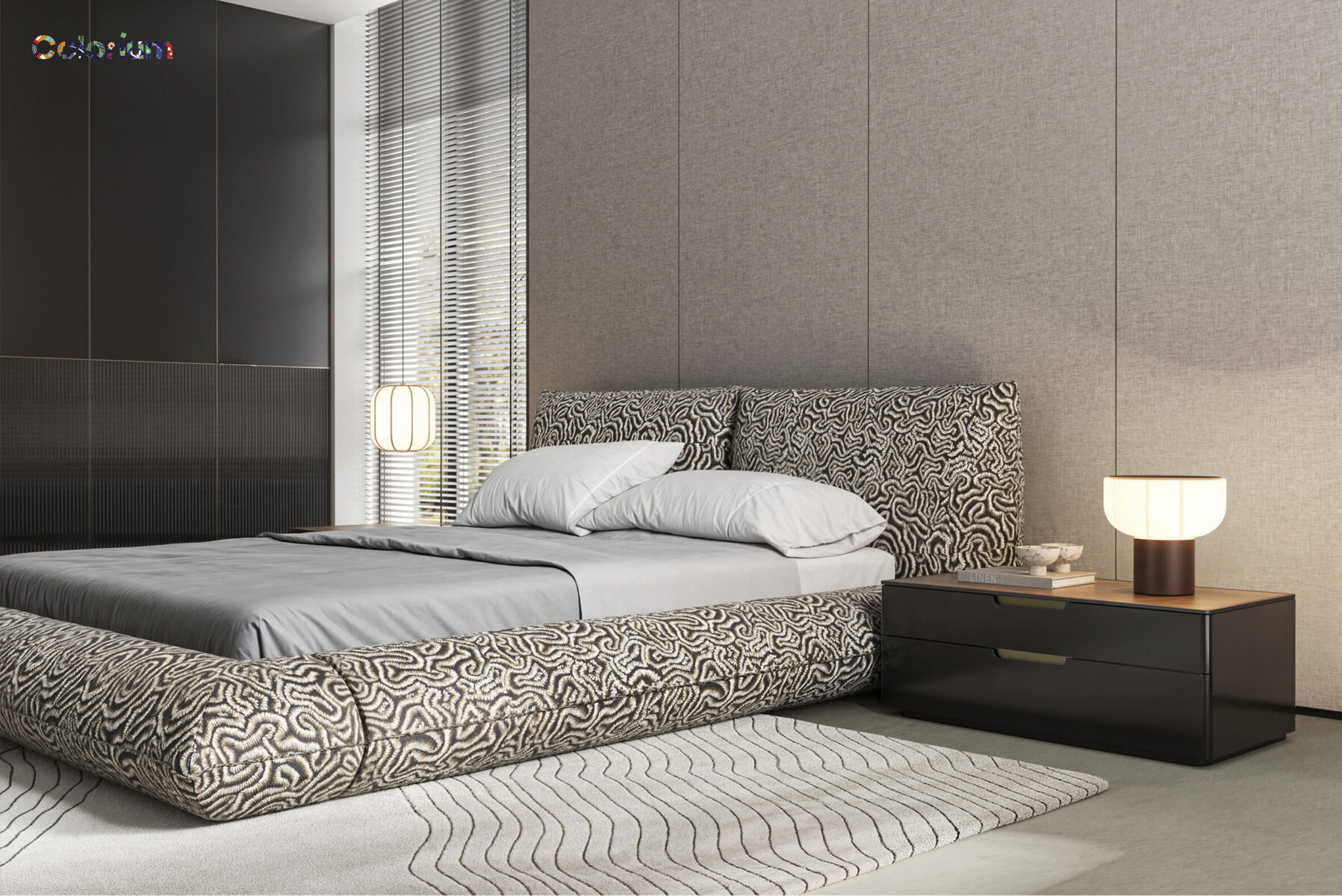 Elegant modern bedroom featuring a stylish upholstered bed with a patterned headboard and a sleek black side table with contemporary table lamps, ideal for luxury home furniture.