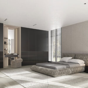 Sleek modern bedroom featuring a patterned upholstered bed, minimalist nightstand with a stylish lamp, large windows with blinds, and contemporary decor highlighting luxury furniture design.