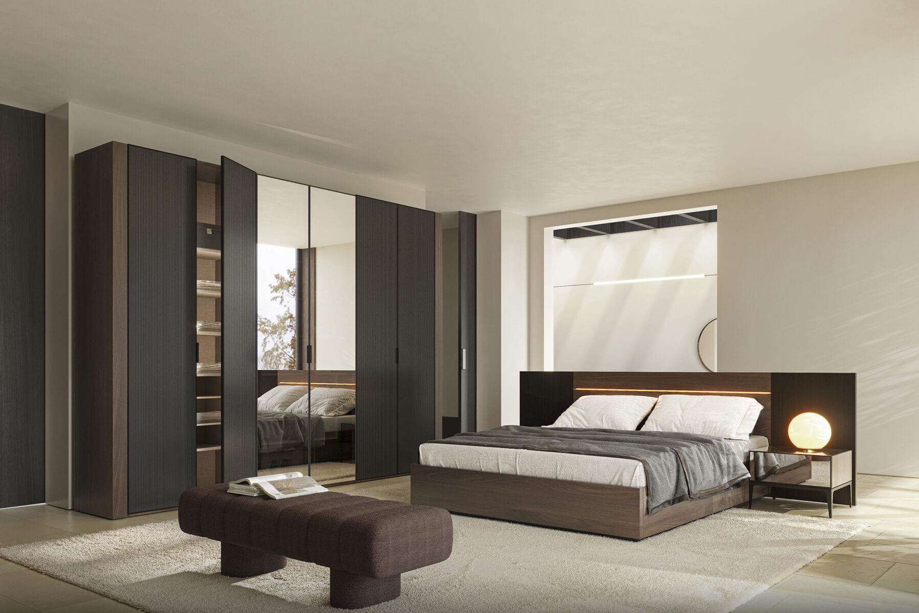Sleek modern bedroom with dark wood furniture, minimalist design, and large mirrored wardrobe, featuring contemporary decor and soft lighting for a stylish and cozy ambiance.