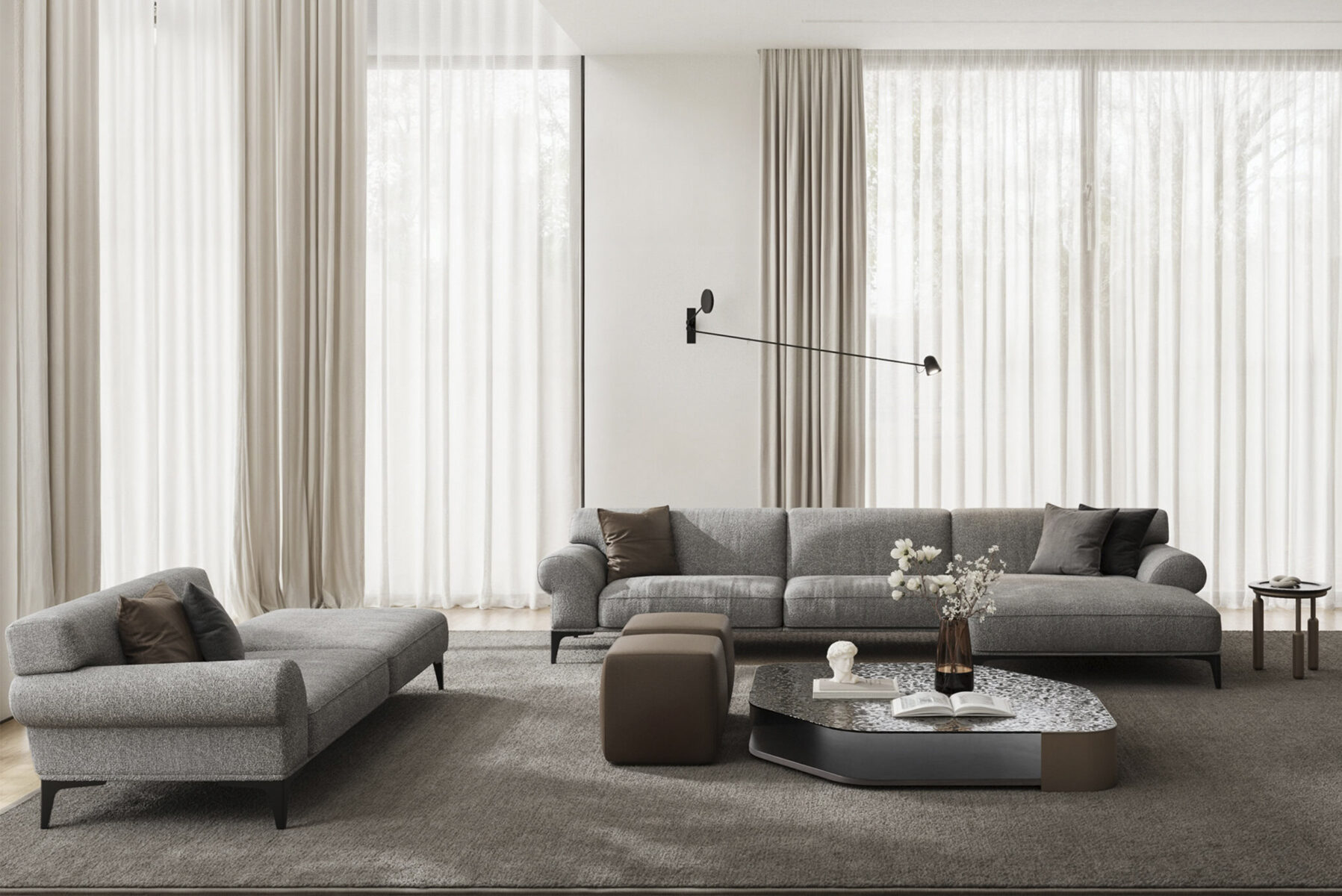 Modern minimalist living room with Grey Sofas, contemporary coffee table, and elegant decor, showcasing high-quality furniture from Saloni Furniture's premium collection.