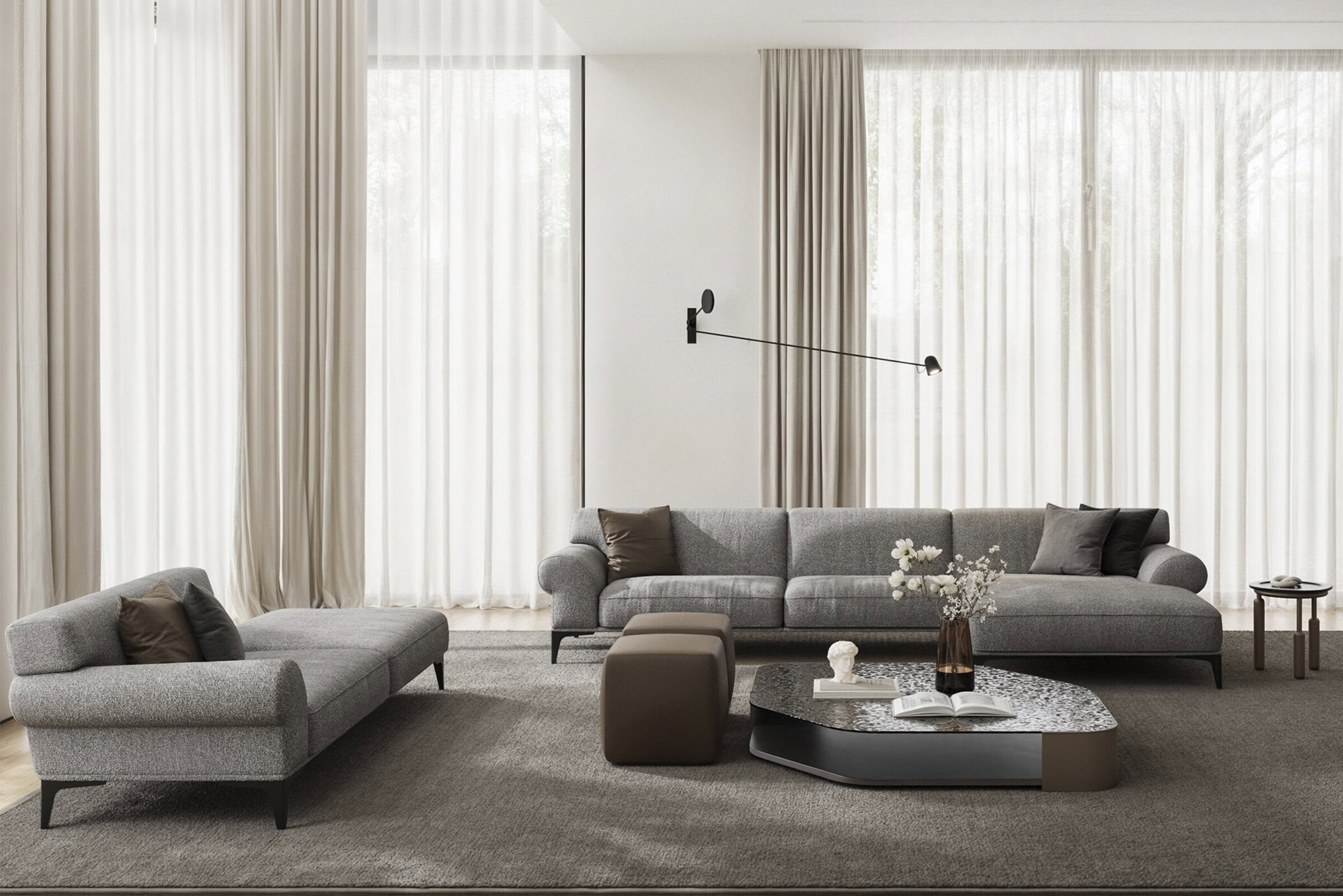 Modern minimalist living room with Grey Sofas, contemporary coffee table, and elegant decor, showcasing high-quality furniture from Saloni Furniture's premium collection.