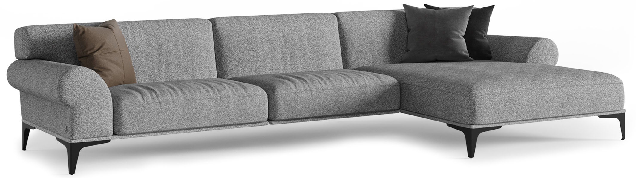 Clean modern gray fabric sectional sofa with black legs and plush cushions for contemporary living room decor.