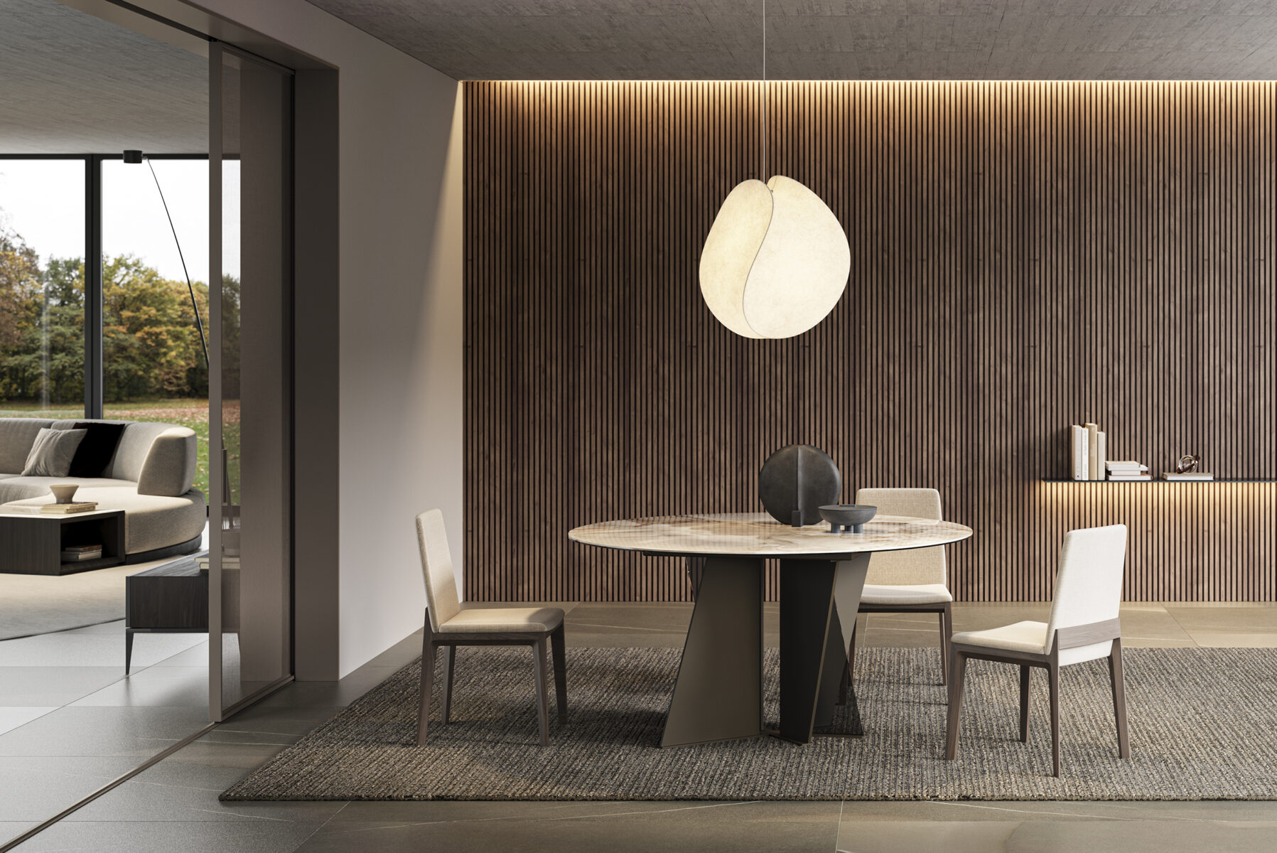 Sleek modern dining room with a marble-topped table, minimalist chairs, and warm wood-paneled wall accents, showcasing contemporary furniture design by Saloni Furniture.