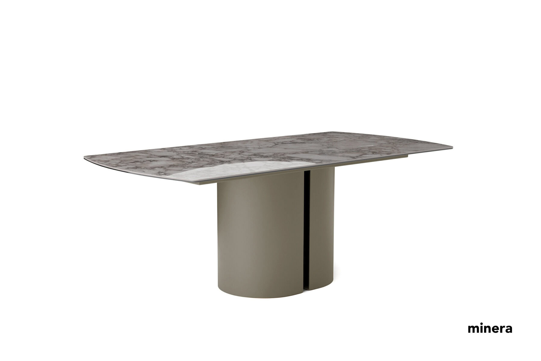 Elegant modern dining table with a marble top and sleek cylindrical base, perfect for contemporary interiors and stylish dining spaces.