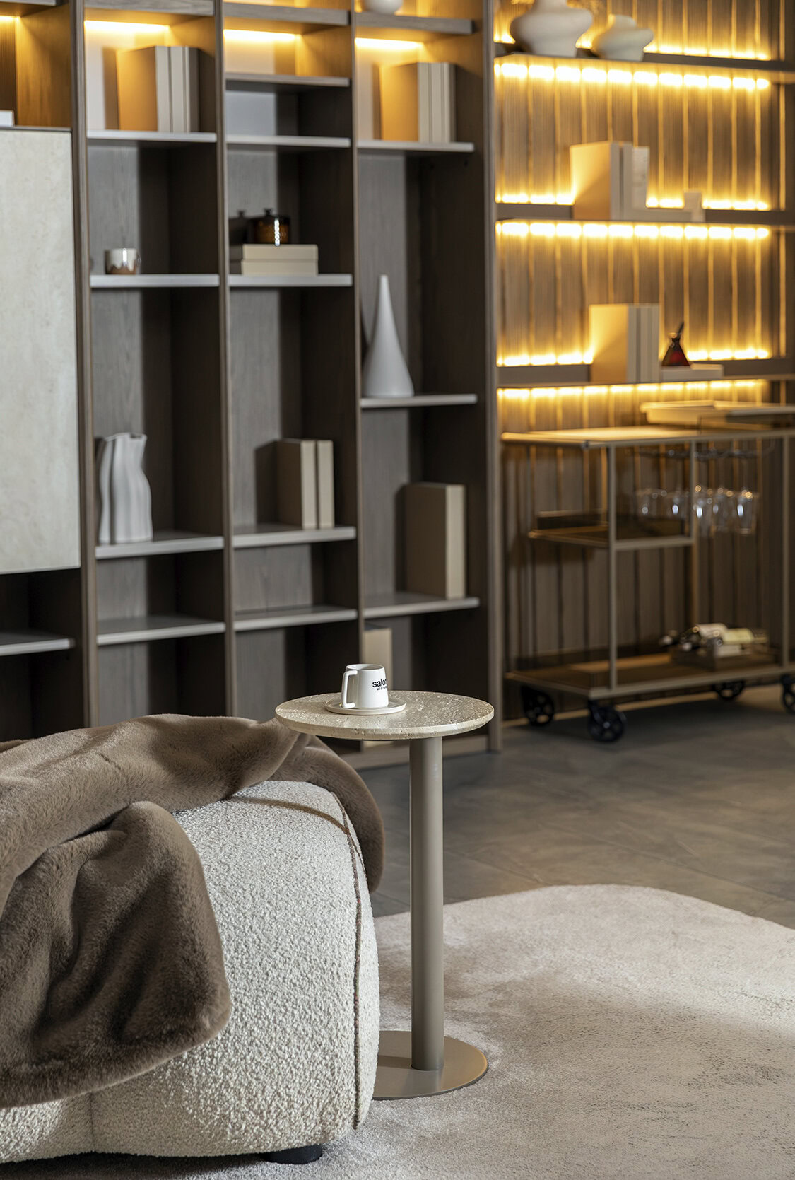 Stylish modern living room featuring Saloni Furniture with a cozy sofa, side table, and illuminated shelving units for elegant home decor.