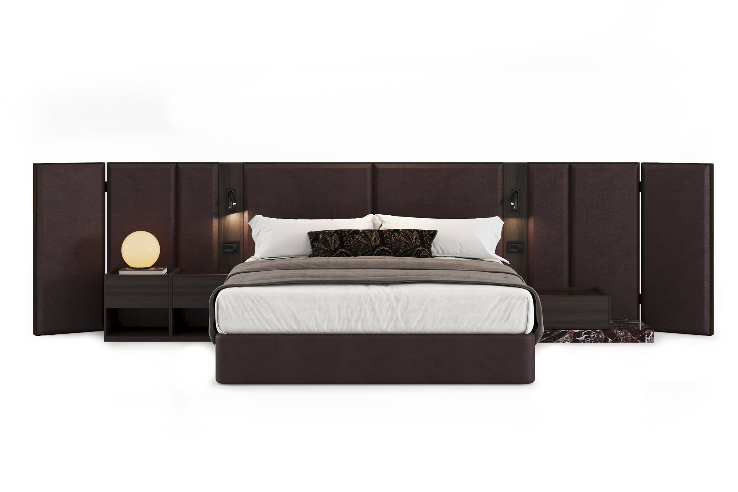 Elegant dark wood bed with integrated headboard and matching side tables, perfect for contemporary bedroom decor. Crafted for style and comfort.