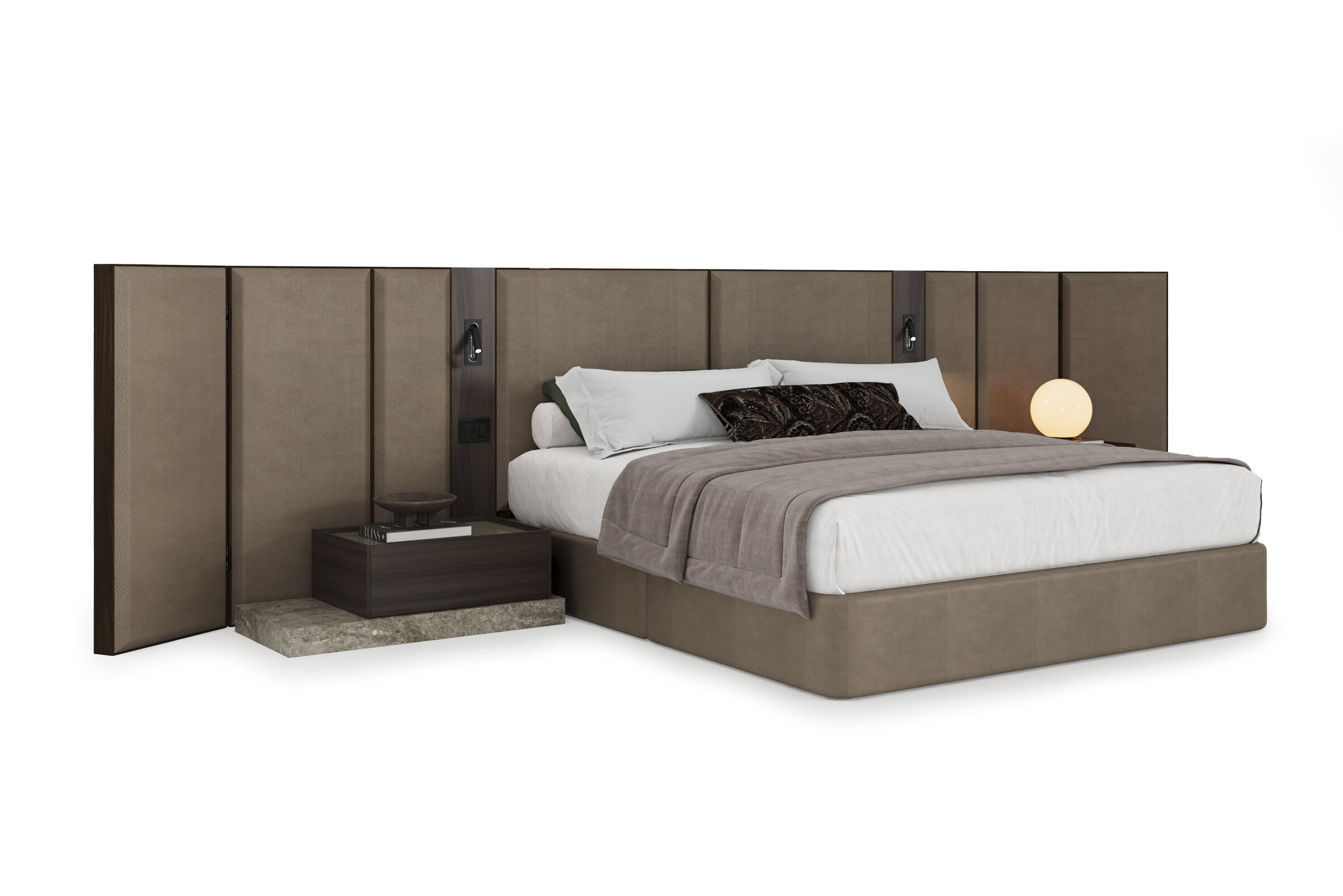 Stylish modern upholstered bed with a padded headboard, paired with matching nightstands, perfect for contemporary bedroom decor.