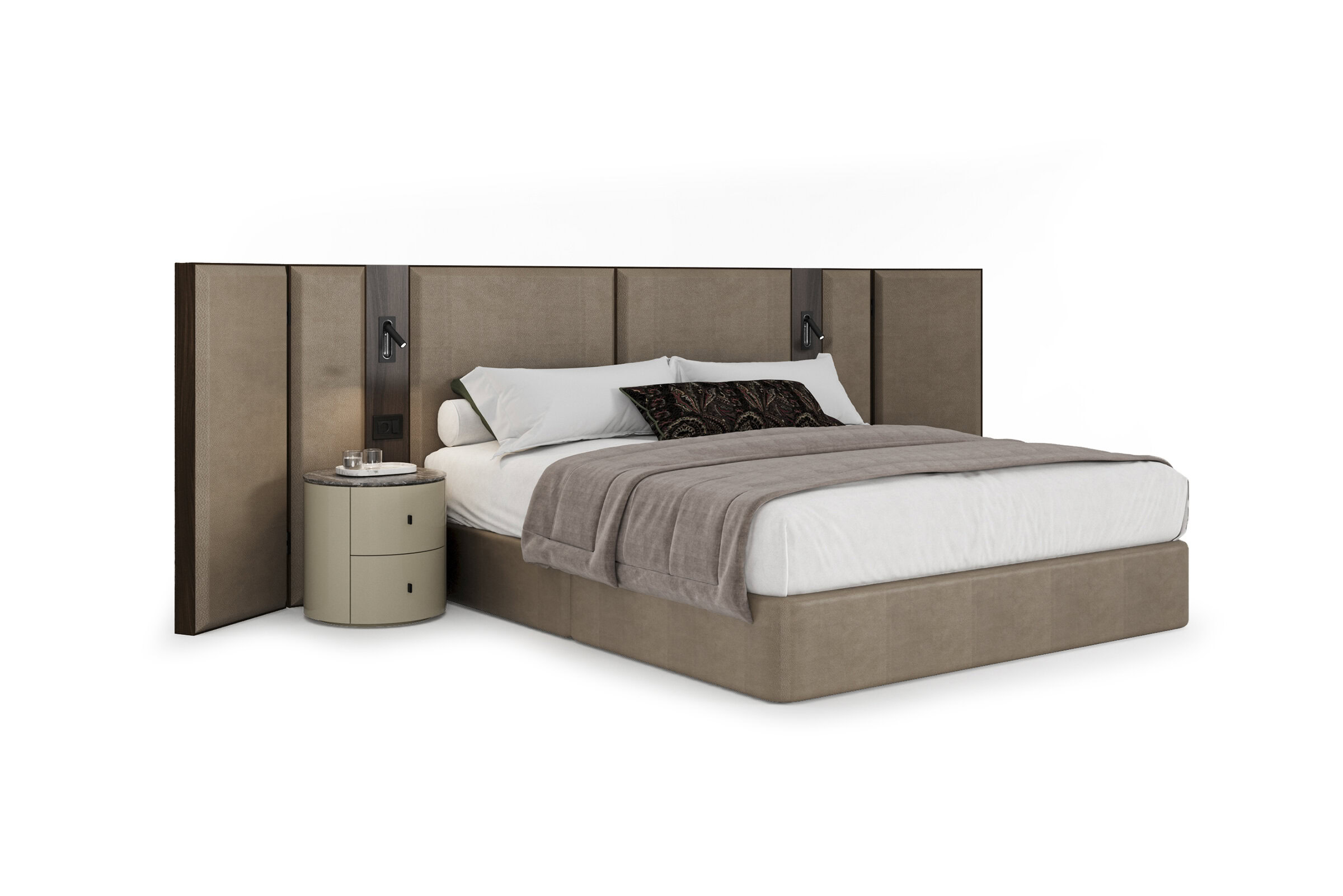 Elegant wooden bed with a contemporary headboard design, paired with a matching nightstand, perfect for stylish bedroom decor.
