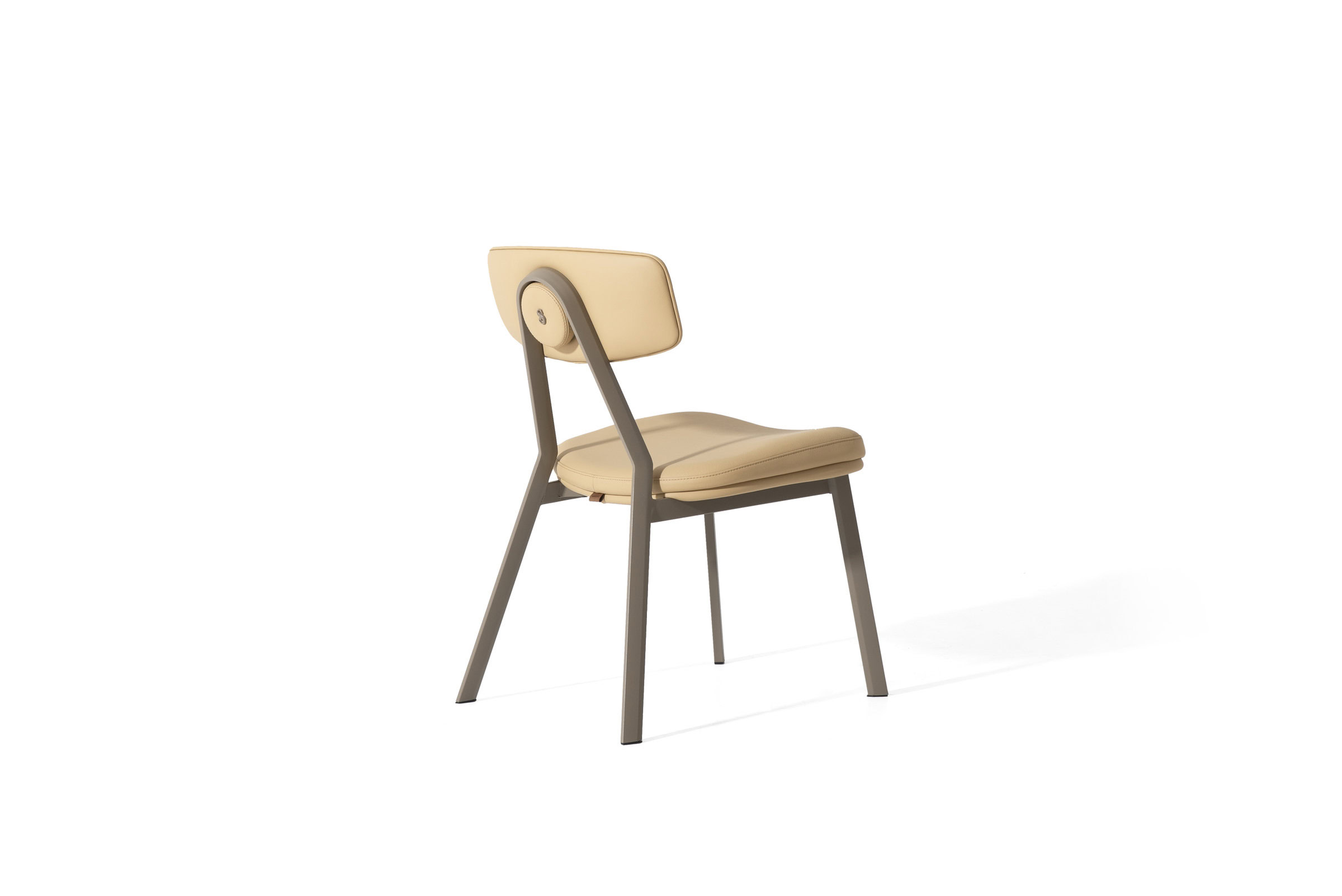 Sleek modern beige and taupe dining or office chair with cushioned seat and backrest, featuring a minimalistic design perfect for contemporary living spaces.